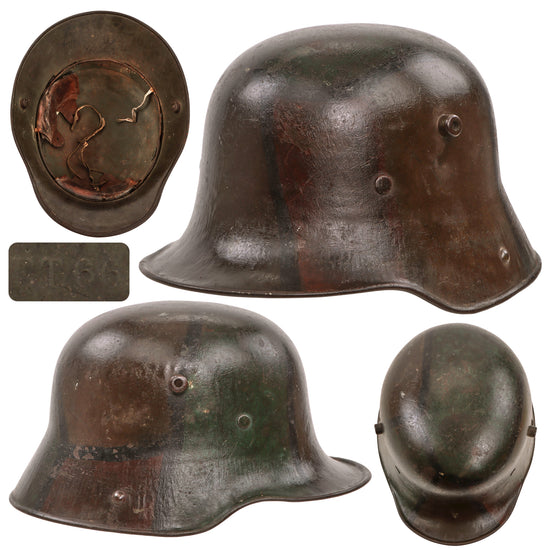 Original Imperial German WWI M16 Stahlhelm Helmet with Panel Camouflage Paint with Partial M17 Liner - ET 66