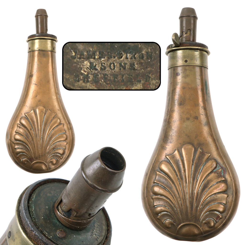 Original British U.S. Civil War Era 1850s Shell & Bush Brass Powder Flask by Dixon of Sheffield Original Items