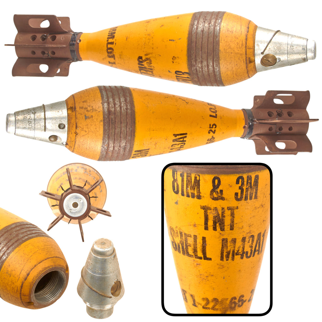 Original U.S. WWII INERT 81mm M43A1 HE Mortar Round with M52 PD Fuze & Original Early Yellow Paint - Dated 1942