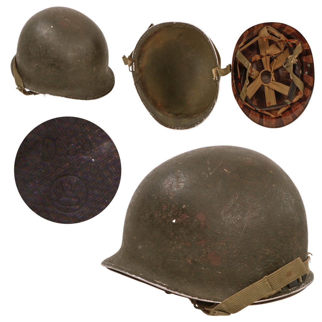 Original U.S. WWII M1-C Paratrooper Rear Seam Swivel Bale Helmet with Stainless Steel Rim & Factory-Made Jump Liner by Westinghouse - Correct WWII Configuration Original Items