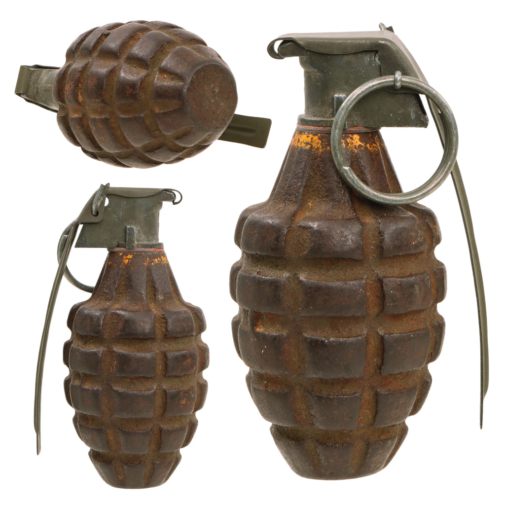 Original U.S. WWII Inert MkII Pineapple Grenade with Yellow Ring & Fuze Original Items