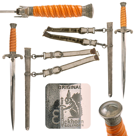 Original German WWII Early Army Heer Officer Dagger by Carl Eickhorn with Excellent Blade, Scabbard, and Hanger - 1935-41 Trademark