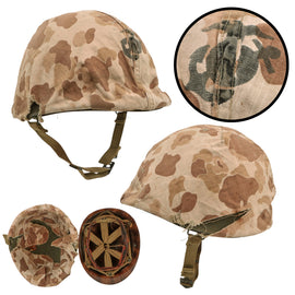 Original U.S. WWII Korean War USMC Front Seam Swivel Bale M1 Helmet with Westinghouse Liner and 1st Pattern USMC Camouflage “Frogskin” Cover