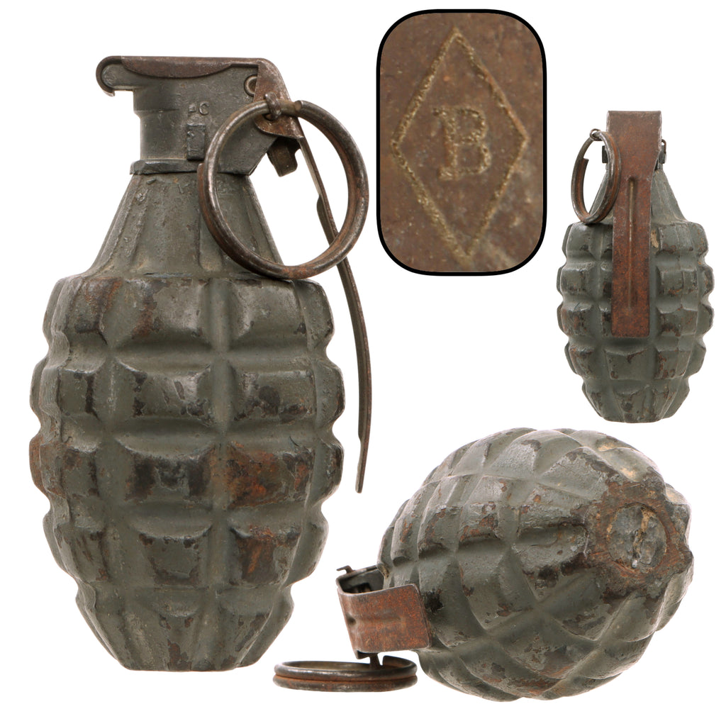 Original U.S. Pre-WWII Inert MkII Pineapple Fragmentation Grenade with “Cutback” Fuze, Short Spoon, Screw Bottom, and Grey H.E. Paint