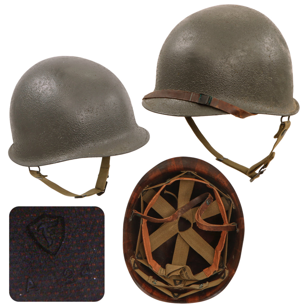 Original WWII U.S. Named Navy Late War Painted Rear Seam Swivel Bale McCord M1 Helmet Complete with Depot-Repaired Riveted Chinstrap & Firestone Liner