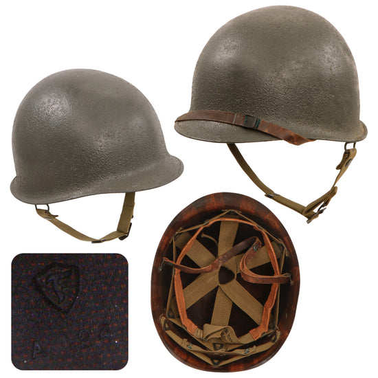 Original WWII U.S. Named Navy Late War Painted Rear Seam Swivel Bale McCord M1 Helmet Complete with Depot-Repaired Riveted Chinstrap & Firestone Liner