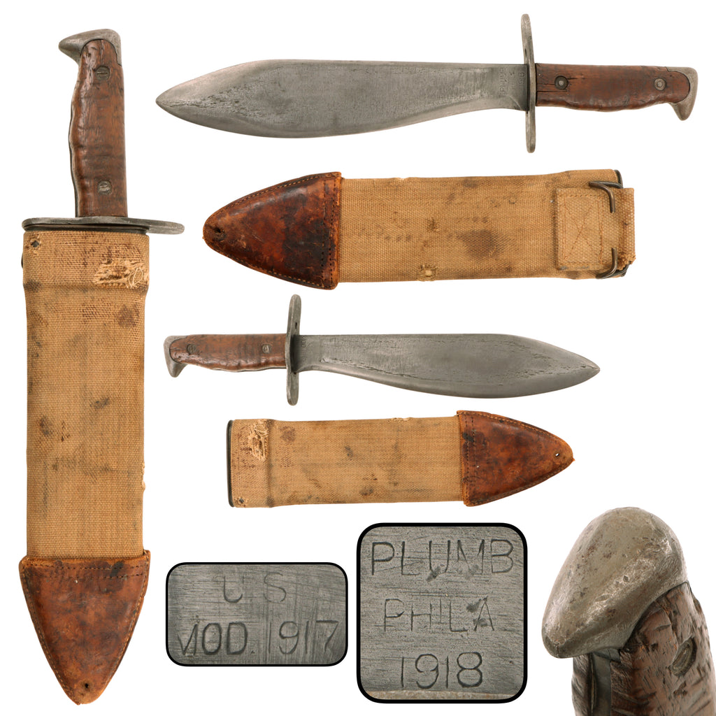 Original U.S. WWI Model 1917 Bolo Knife by Plumb of Philadelphia with Canvas Scabbard - Dated 1918
