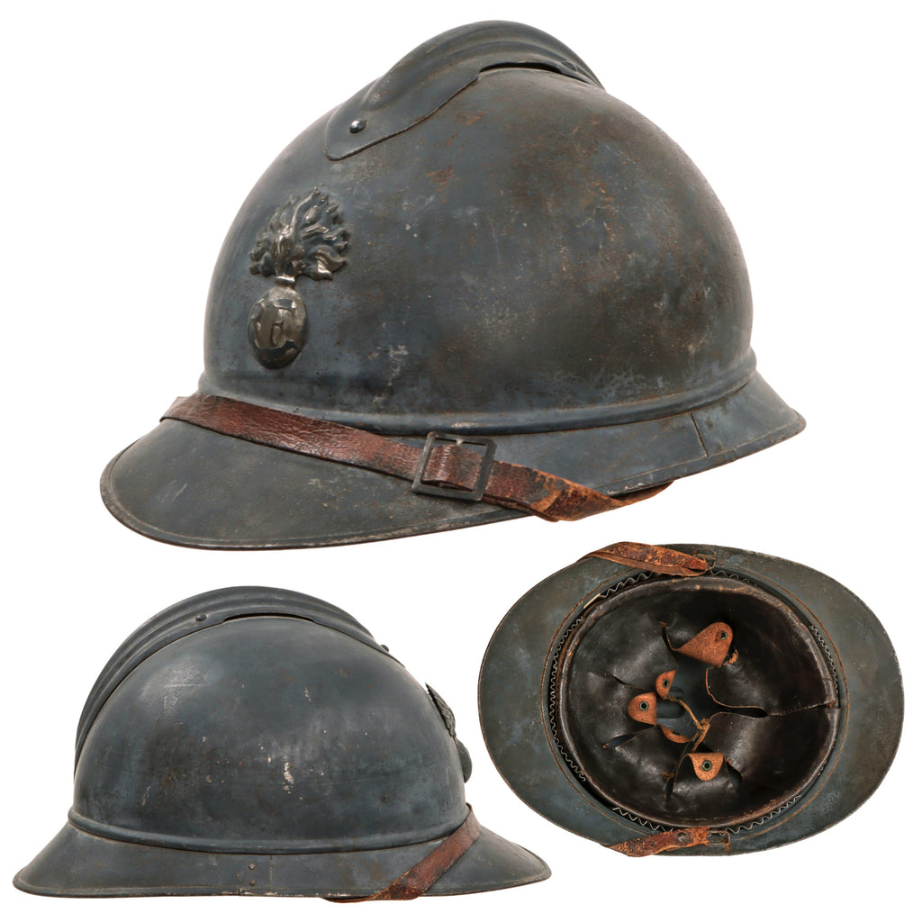 Original French WWI Issue Model 1915 Infantry Adrian Helmet in Horizon Blue with Scarce 1st Pattern Liner & Chinstrap - Rare Large Size