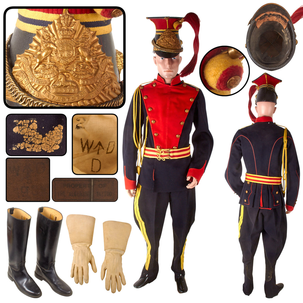 Original British Victorian to Pre-WWI 12th (Prince of Wales’s Royal) Lancers Other Ranks Full Dress Uniform & Czapka Group with Belt, Gauntlets & Aldershot Tattoo-Marked Helmet