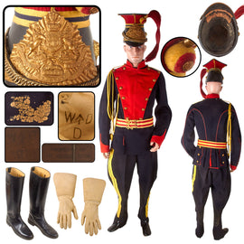 Original British Victorian to Pre-WWI 12th (Prince of Wales’s Royal) Lancers Other Ranks Full Dress Uniform & Czapka Group with Belt, Gauntlets & Aldershot Tattoo-Marked Helmet