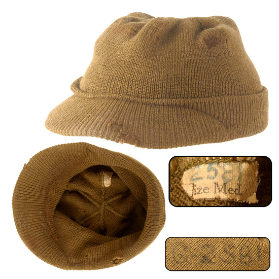 Original U.S. WWII Army M1941 Wool Knit “Jeep Cap” with Original Cardboard Visor Stiffener - Size Medium Original Items