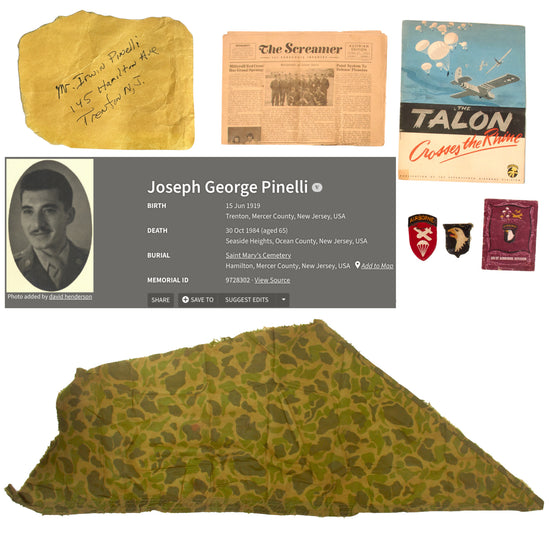 Original U.S. WWII 101st Airborne Division Camouflage Parachute Fragment, Patches, and Ephemera Grouping of Sergeant Joseph Pinelli, 501st PIR - 15 x 51” Original Items