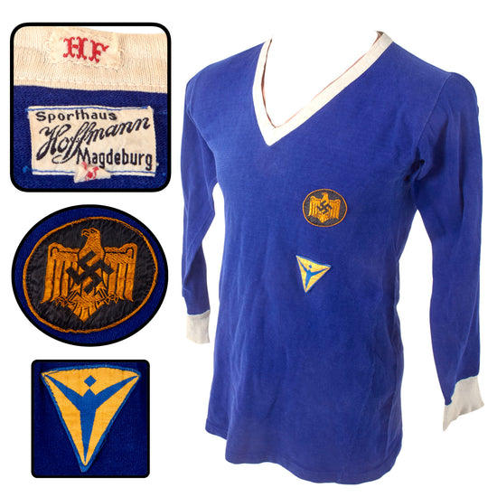 Original German WWII Era Size 5 Sports Shirt by Sporthaus Hoffmann of Magdeburg with NSRL/DRL Sports Patch, Junkers Factory Patch and HF Nametag Original Items