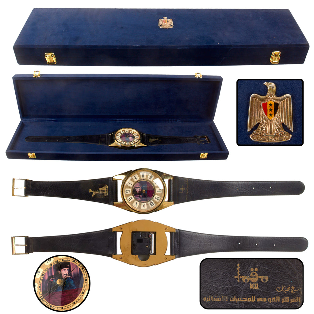 Original Iraqi Saddam Hussein-Era National Center for Construction Laboratories Oversized Novelty Wristwatch Clock in Velvet Presentation Case with Iraqi Coat of Arms