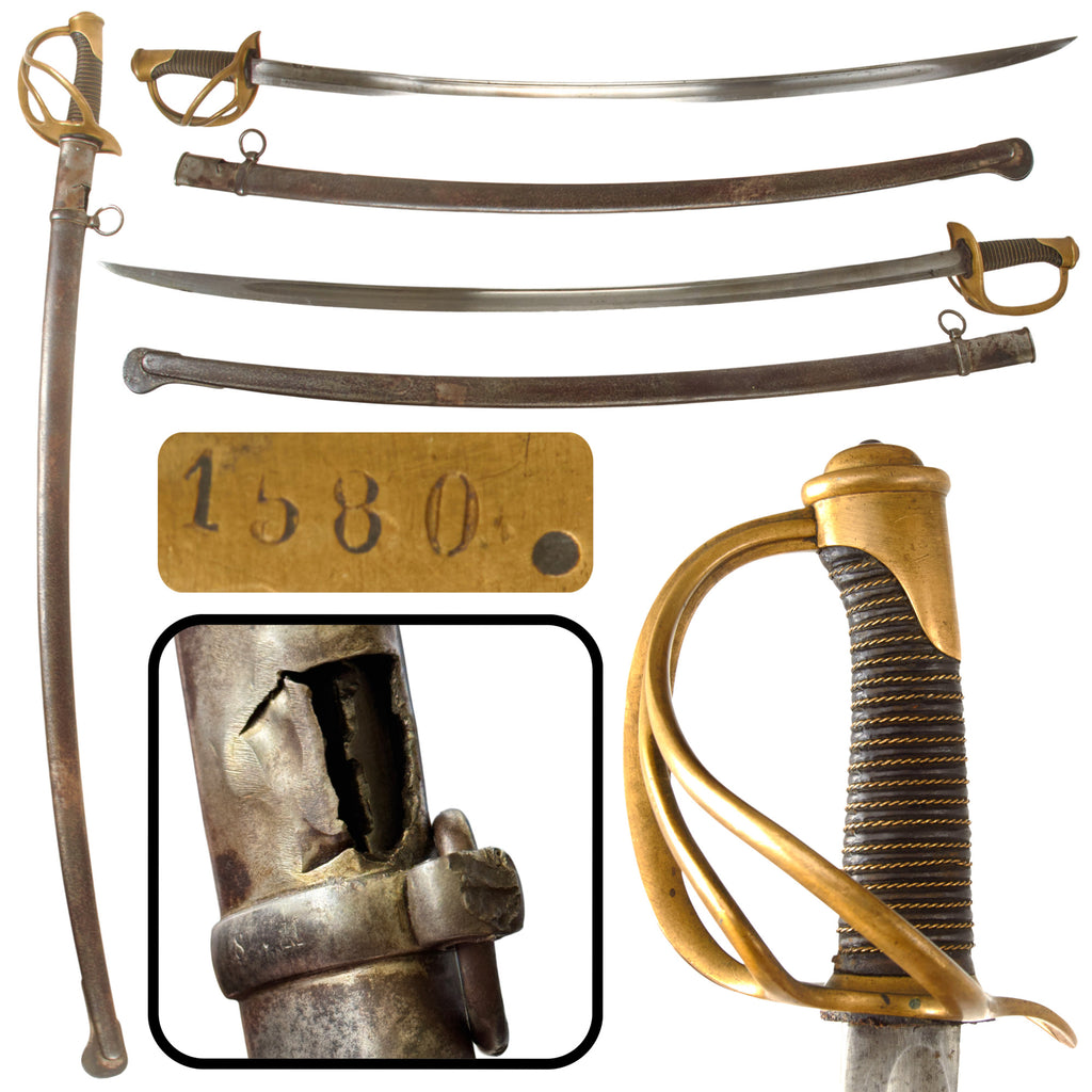 Original French Franco-Prussian War / U.S. Civil War Model 1822 Light Cavalry Saber with Incredible Shrapnel Damage to Blade and Scabbard - Markings Scrubbed Original Items
