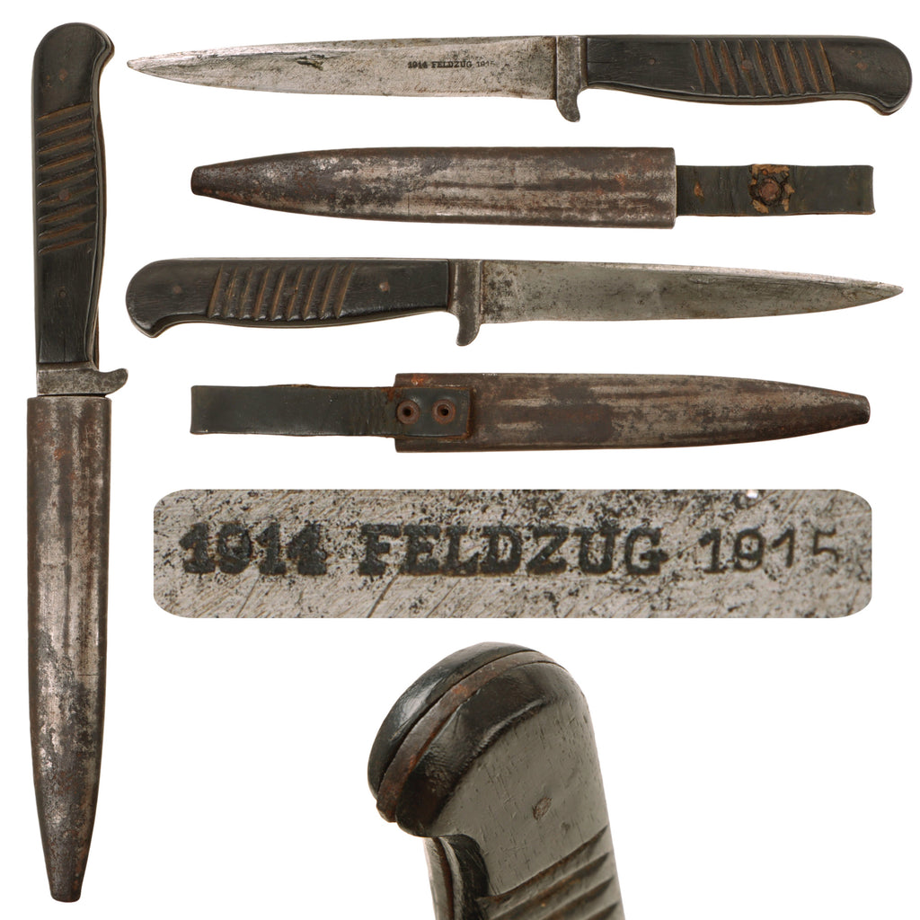 Original German WWI “1914 FELDZUG 1915” Stamped Trench Fighting Knife with Ribbed Grips & Original Rolled Steel Scabbard