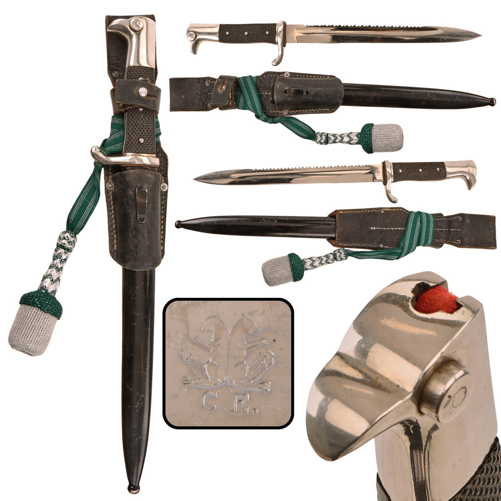 Original German Pre WWII Long Dress Sawback Bayonet by Carl Eickhorn with Scabbard, Frog, and Troddel Knot