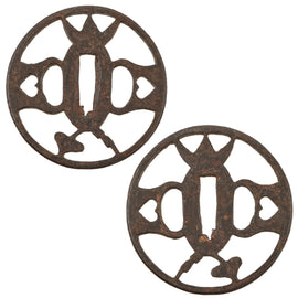 Original 17th Century Edo Period Japanese Perforated Round Iron Tsuba Cross Guard - MARU GATA Shape