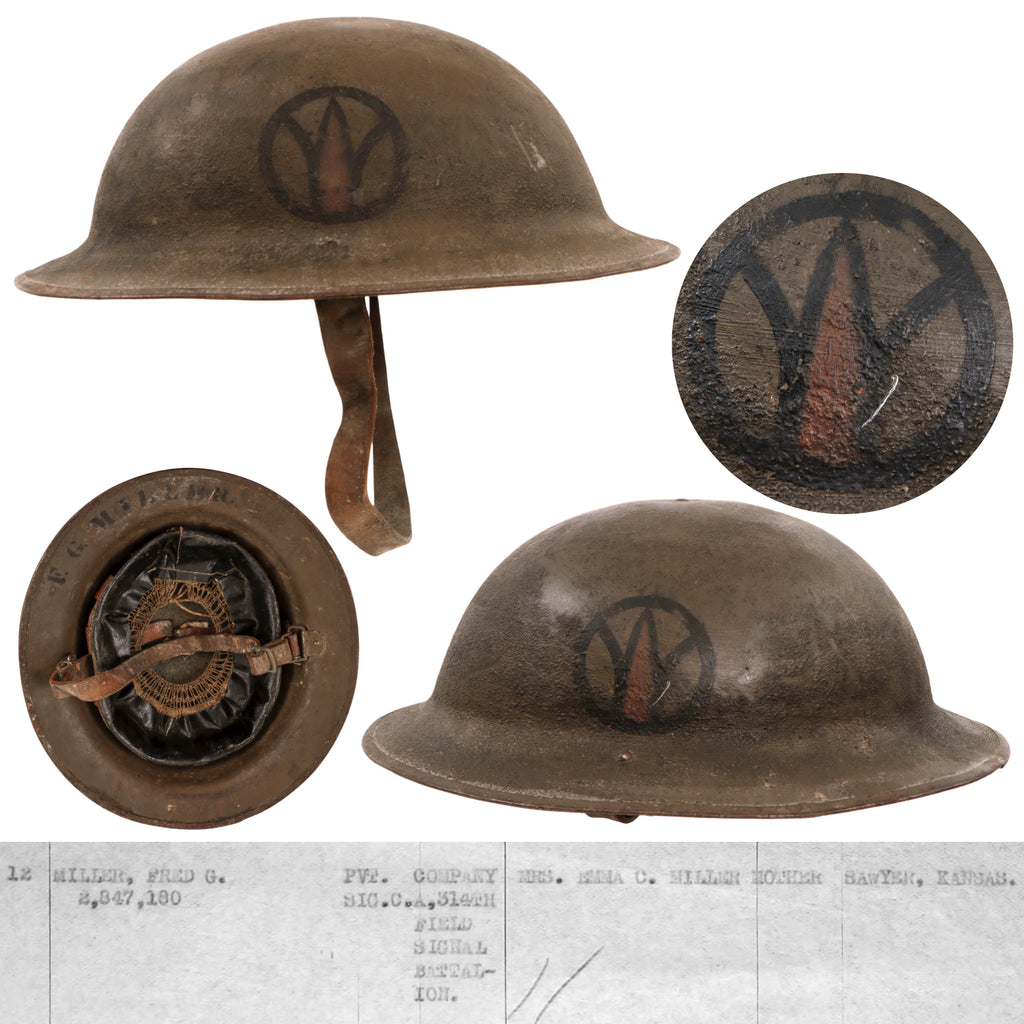 Original U.S. WWI Named 89th Division Painted M1917 Doughboy Helmet with Full Liner & Chinstrap - Private Fred G. Miller, 314th Field Signal Battalion