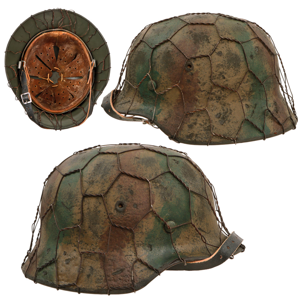 Original German WWII M40 Refurbished Battle of Saint-Lô Textured Camouflage Chicken Wire SS Helmet - Stamped EF64 Original Items