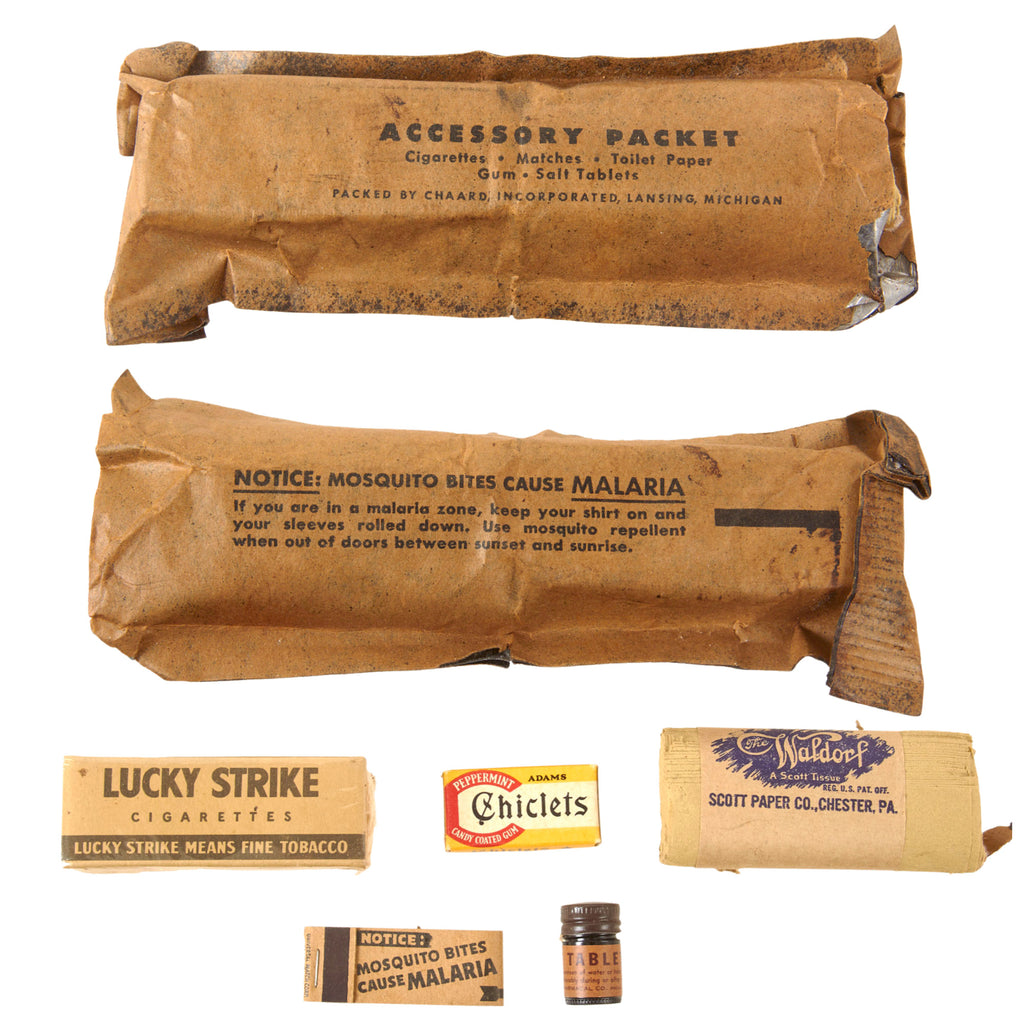 Original U.S. WWII C Ration Accessory Packet with Partial Contents - Tissue Paper, Chiclets, Lucky Strikes, Matches, and Salt Tablets