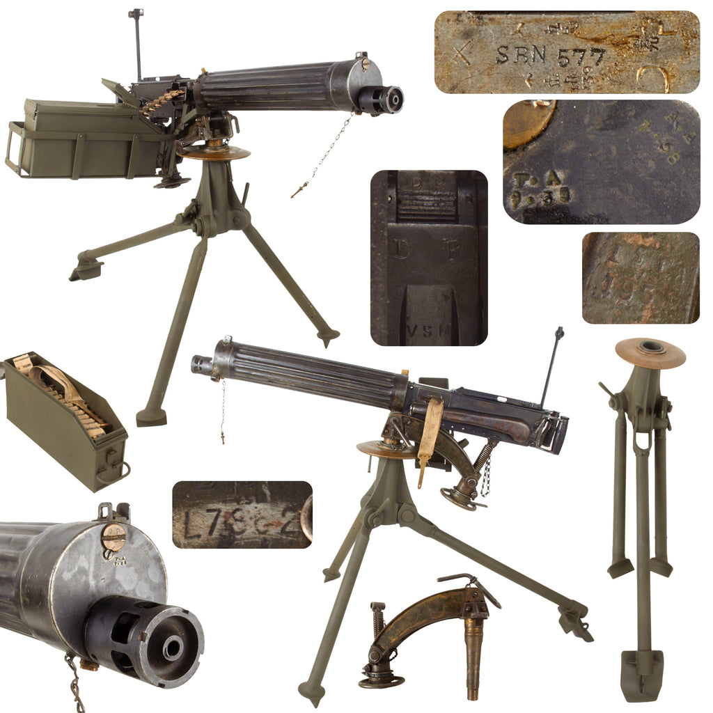 Original British WWI Vickers Fluted Display Medium Machine Gun Serial L7862 with Turkish Contract Tripod, Ammo Belt in Box, and Carrier Original Items