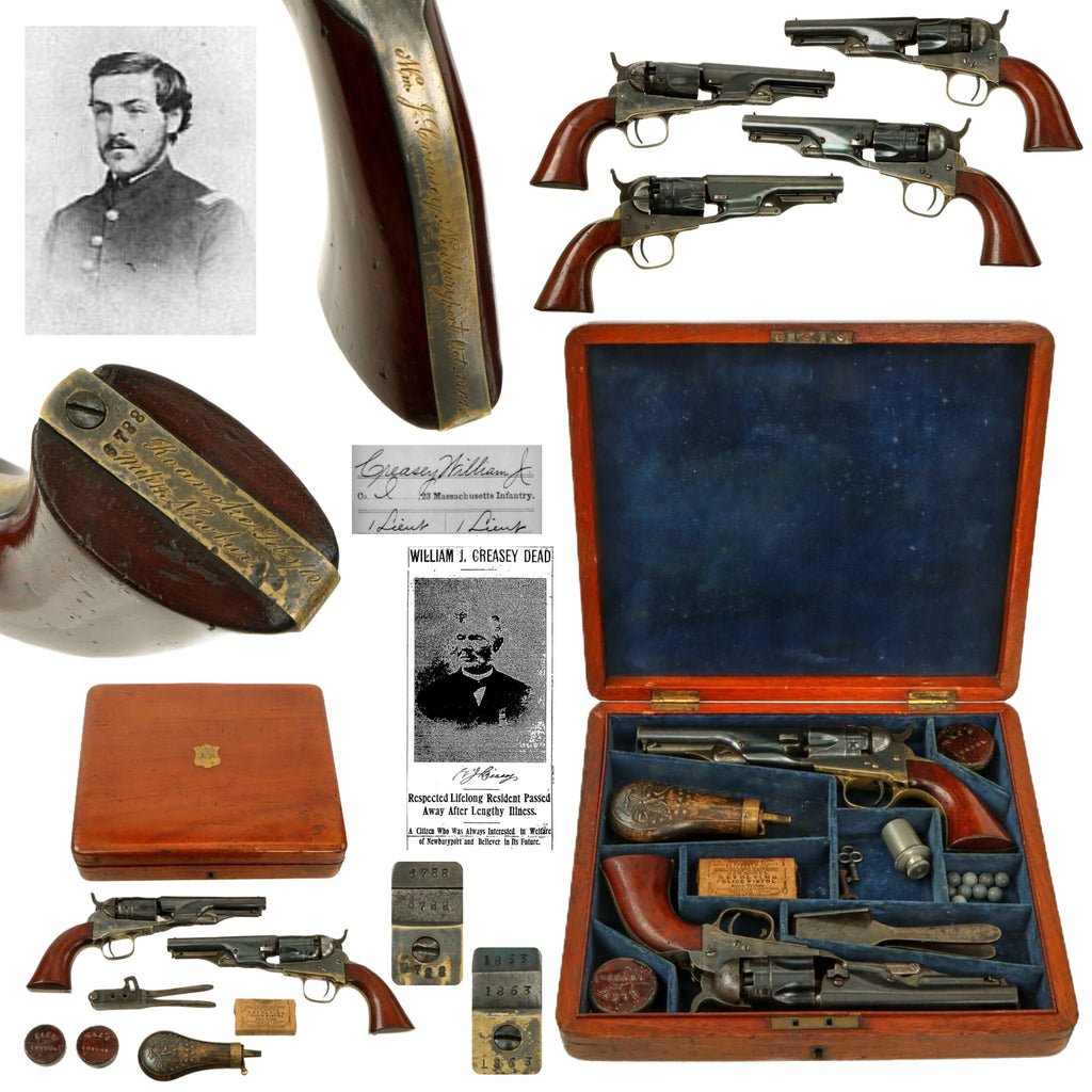 Original U.S. Civil War 23rd Massachusetts Infantry Regiment Inscribed Presentation Cased Metropolitan Police Revolvers To Lt. William J. Creasey with Accessories and Research Original Items