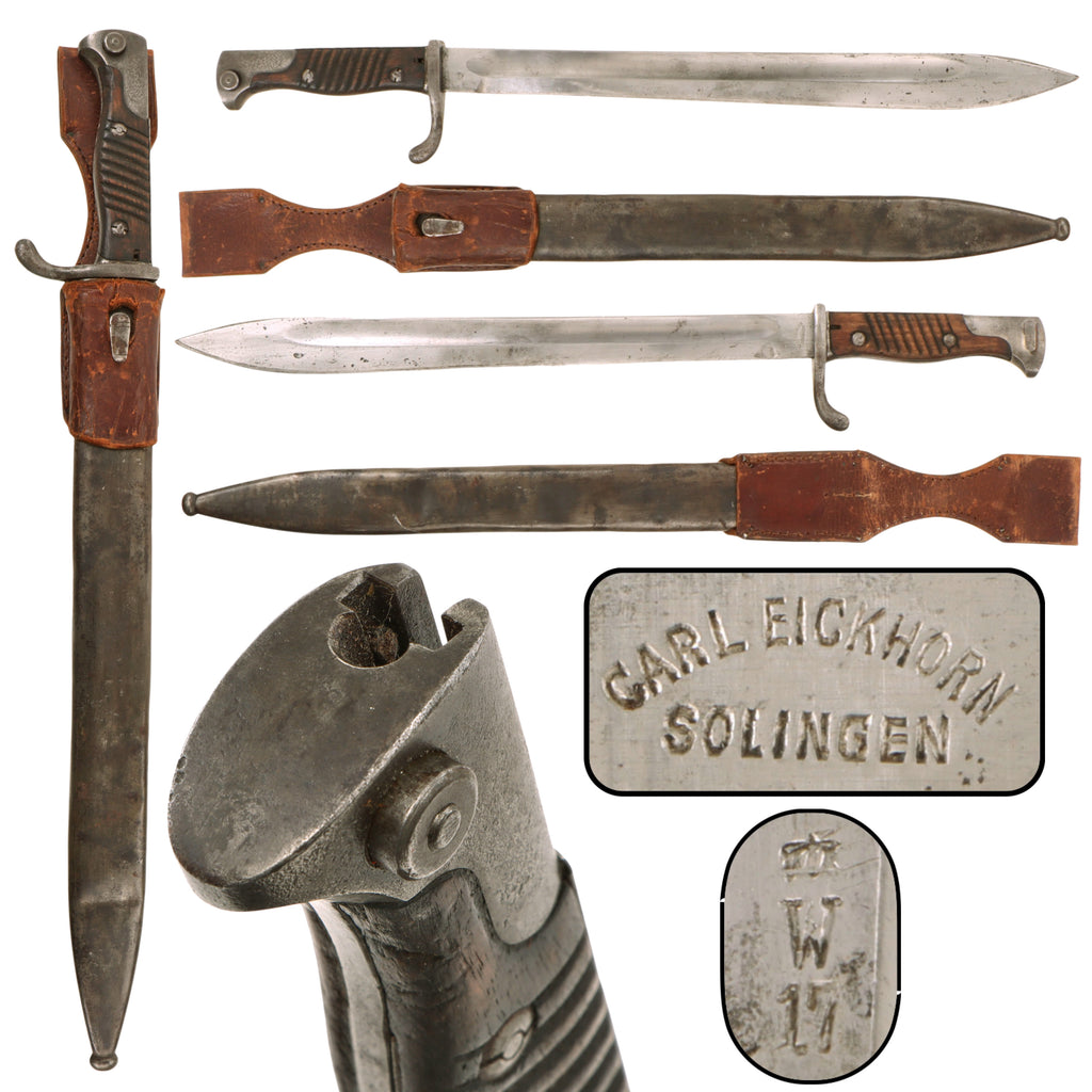 Original German WWI M1898/05 n/A Butcher Bayonet & Steel Scabbard with Leather Belt Frog by Carl Eickhorn - Dated 1917