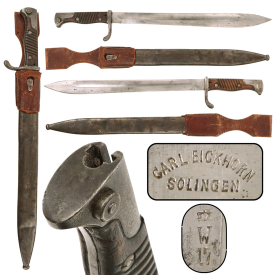 Original German WWI M1898/05 n/A Butcher Bayonet & Steel Scabbard with Leather Belt Frog by Carl Eickhorn - Dated 1917