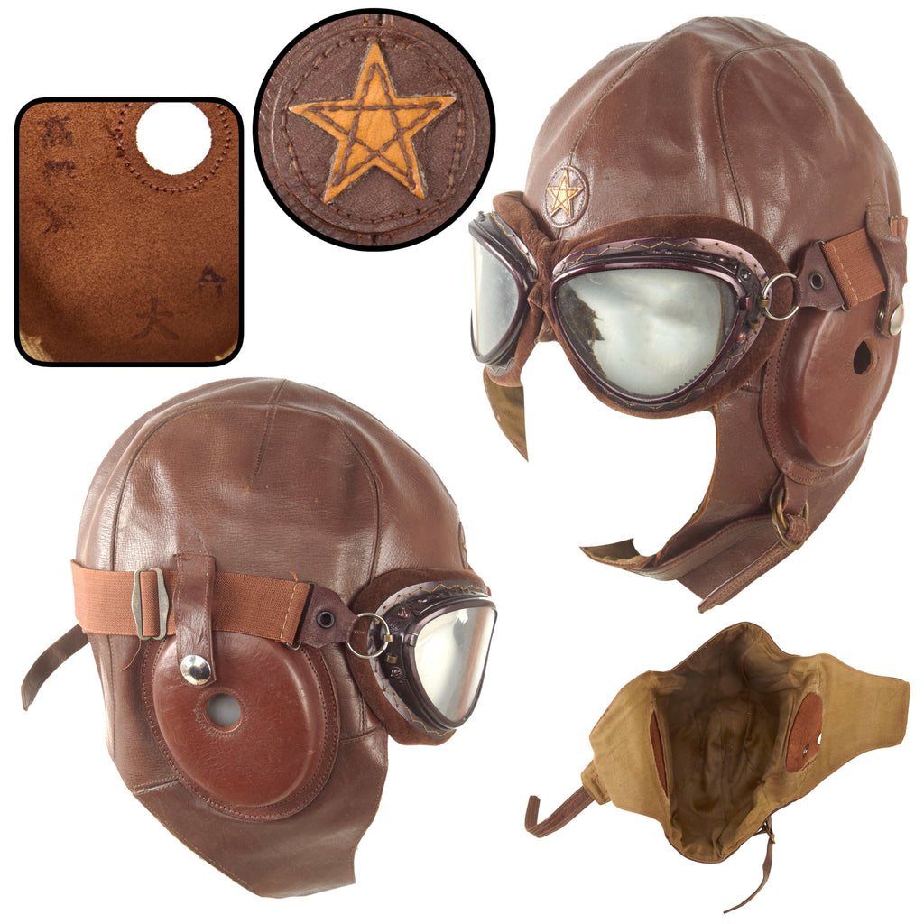 Original Imperial Japanese WWII Army Air Service Summer Flight Helmet & Velvet-Lined Goggles