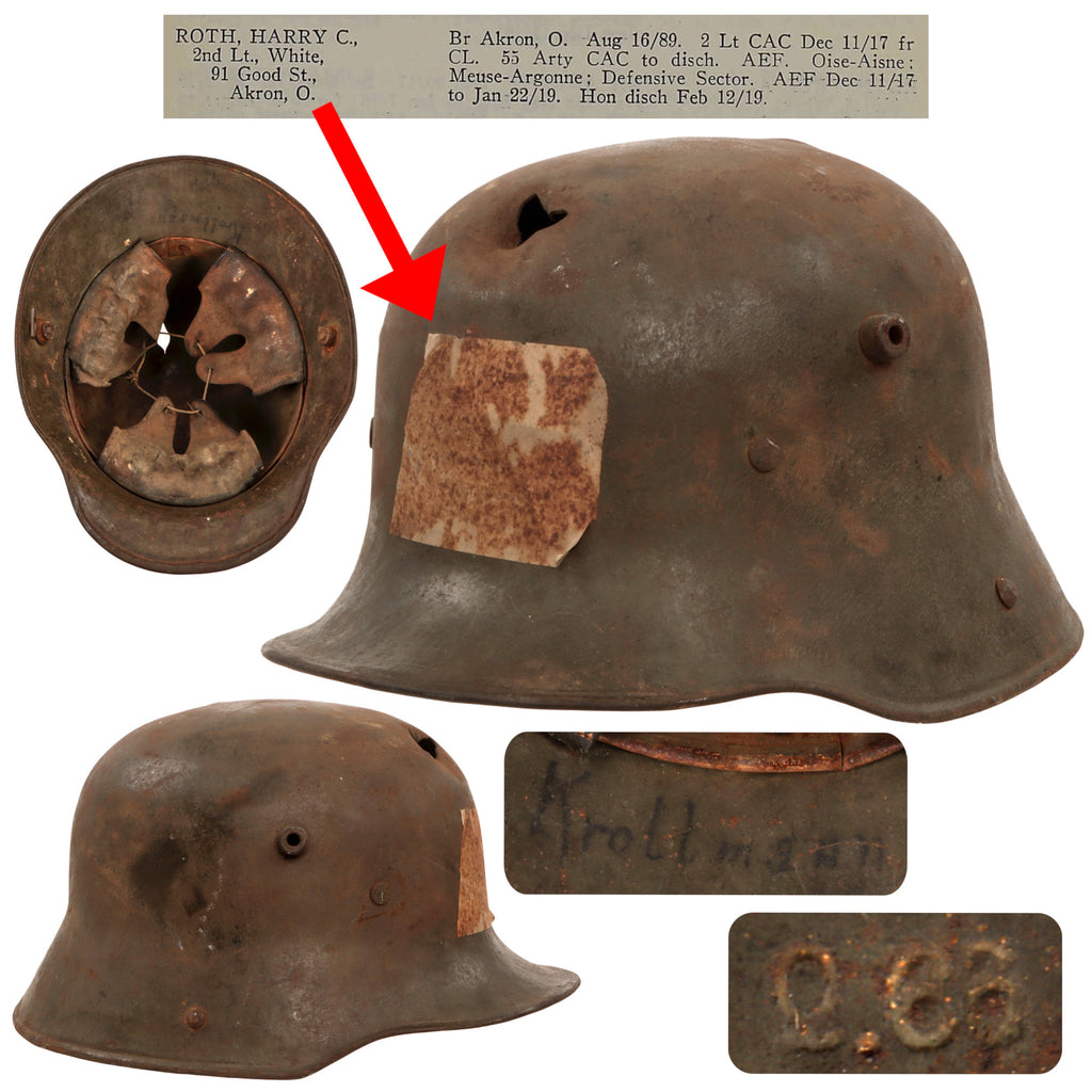 Original Imperial German WWI U.S. CAC Mail-Home Battle-Damaged M16 Stahlhelm Helmet Captured by Lieut. Harry C. Roth, 55th Regiment Coastal Artillery Corps - Q66
