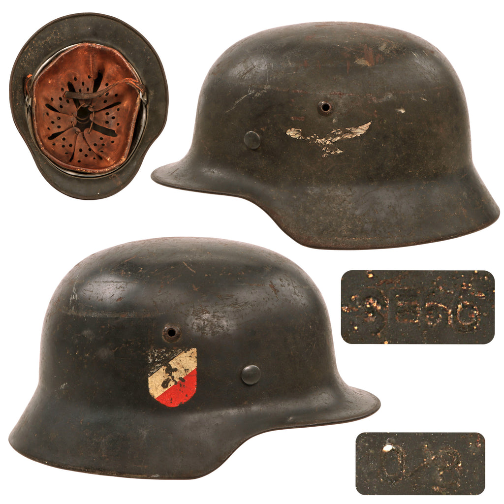 Original German WWII Luftwaffe M35 Double Decal Steel Helmet with 1939 Dated 59cm Liner & Chinstrap Remnants - Stamped SE66 Original Items