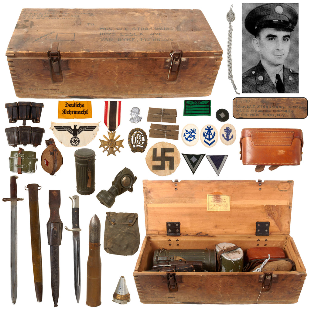 Original U.S. WWII 20th Armored Division 138th Ordnance Bn. German Souvenir Bringback Group with Field Gear, Insignia, Bayonets and Artillery Fuze - S/Sgt. Wilbur E. Strassburg
