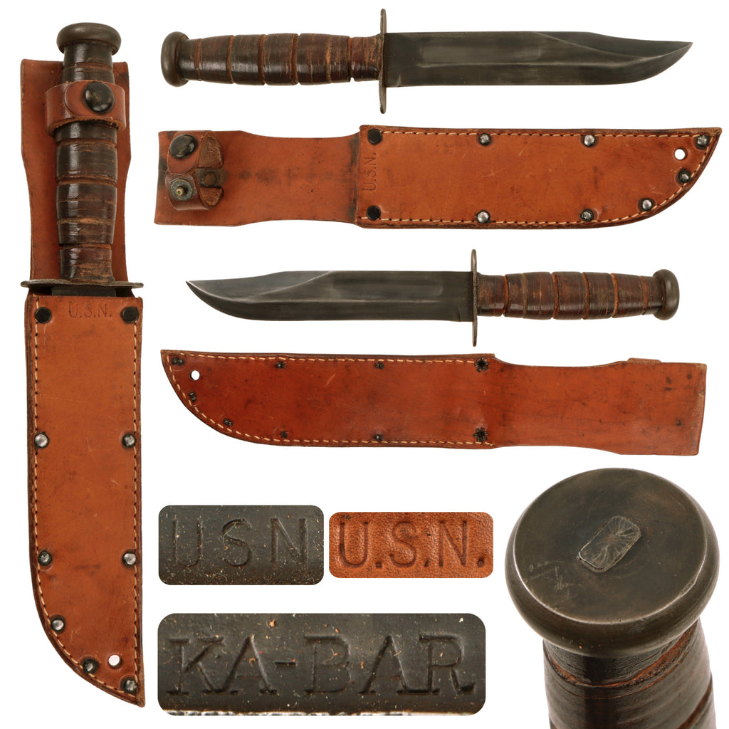 Original WWII U.S. Navy Mark 2 Blade Marked KA-BAR Fighting Knife by Union Cutlery with USN-Marked Leather Scabbard