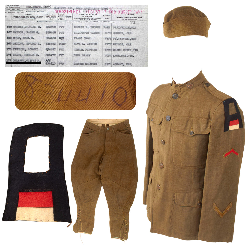 Original U.S. WWI Named 69th Artillery, Coast Artillery Corps Uniform Tunic, Breeches and Overseas Cap - Private Cliffe H. Gelbach