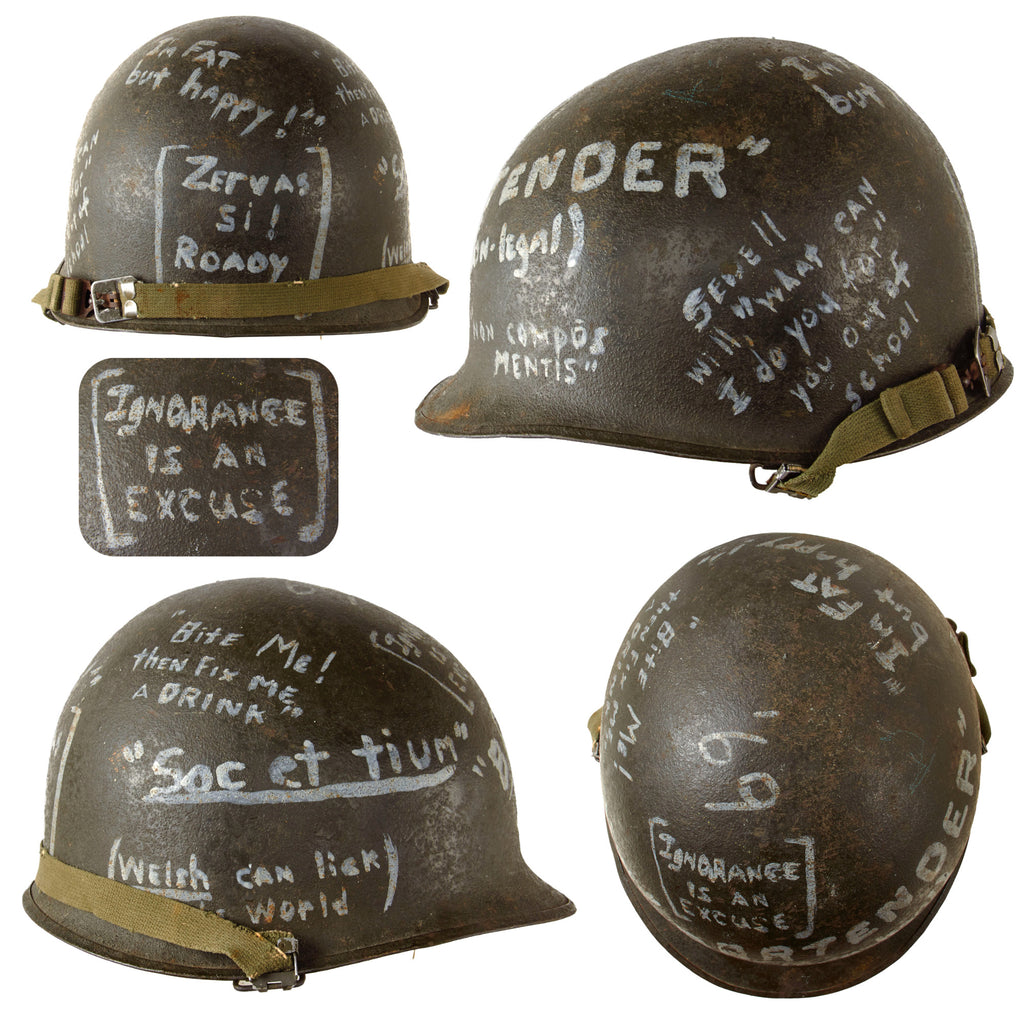 Original U.S. WWII Vietnam War Reissued Front Seam M1 Helmet with GI Graffiti & White Painted Liner with Holes - Graffiti Dated 1969 - “Ignorance is an Excuse” Original Items