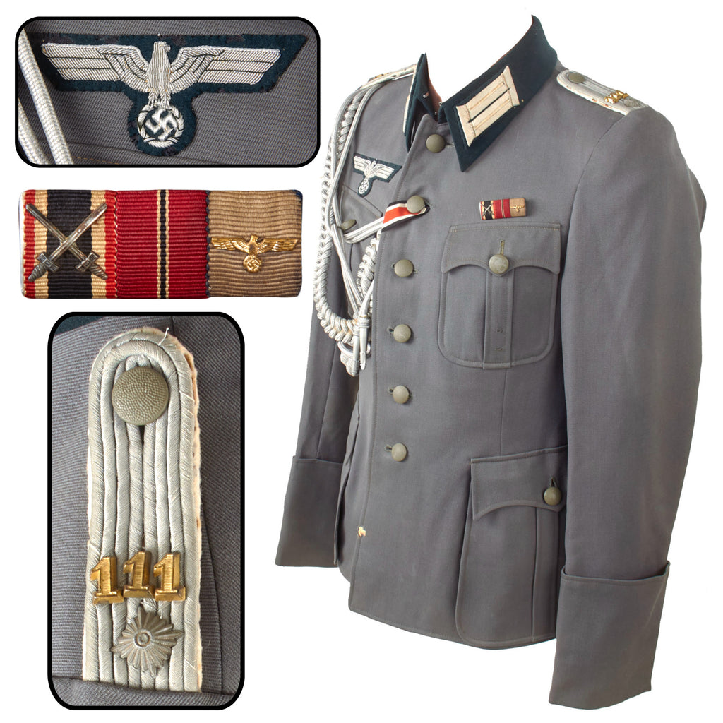 Original German WWII Heer 111th Infantry Regiment Oberleutnant Officer Private Purchase M36 Field Uniform Tunic with Aiguillette Cords & Ribbon Bar Original Items