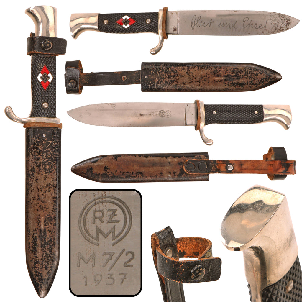 Original German WWII Motto Marked Transitional HJ Knife by Emil Voos with Scabbard, 1937 Dated, RZM M7/2 Original Items