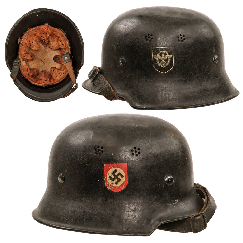 Original German WWII M34 Square Dip NSDAP Double Decal Civic Police Steel Helmet with 58cm Liner and Chinstrap - Ordnungspolizei Original Items