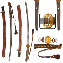 Original Japanese WWII Type 98 Shin-Gunto Katana Sword by ISHIHARA YOSHISADA with Leather Covered Wood Scabbard and Company Grade Tassel