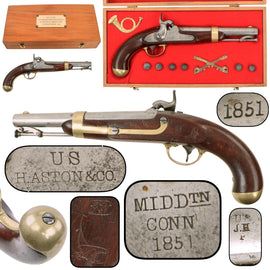 Original U.S. Civil War Era Model 1842 .54 Cal Percussion Cavalry Pistol by H. Aston & Co. with WAT and GW Inspector Cartouches in Contemporary Display Case, Dated 1851