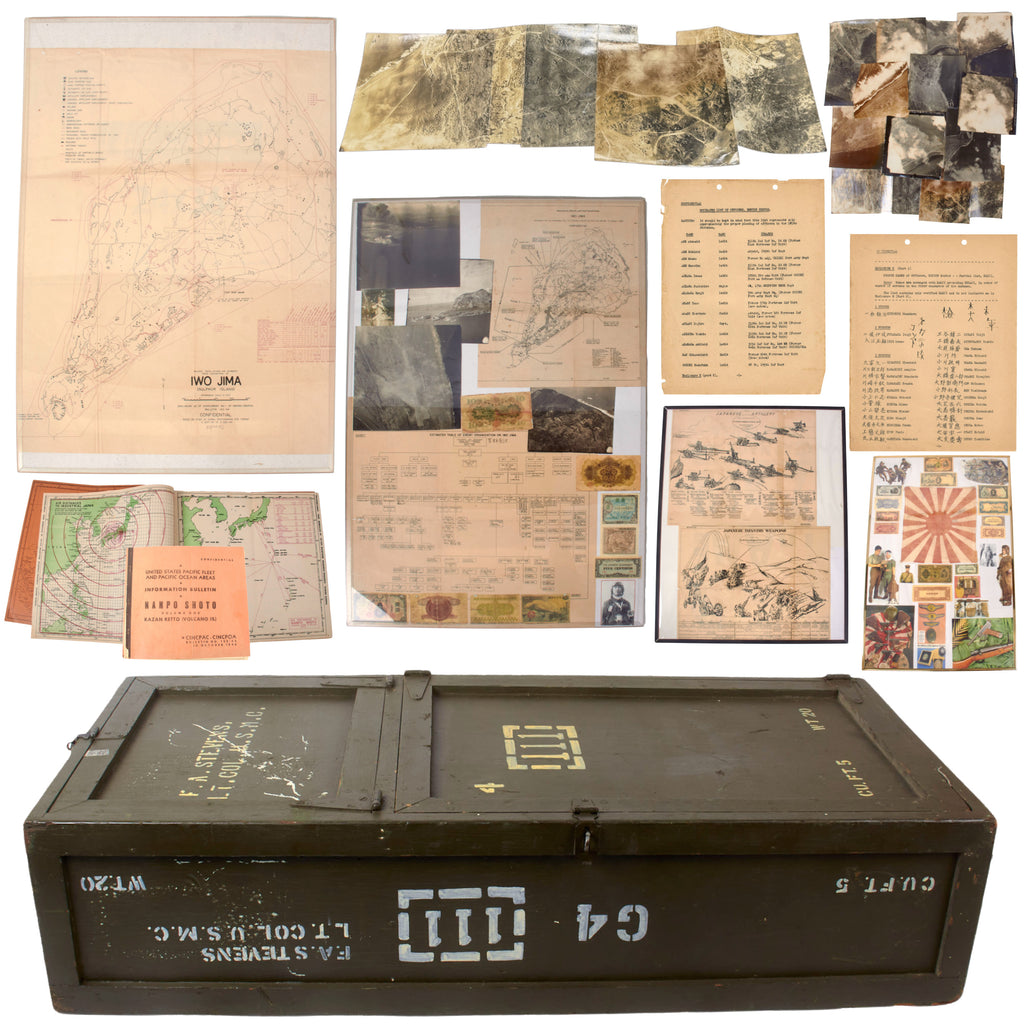 Original U.S. WWII Iwo Jima Planner 5th Marine Division Lt. Colonel Frederick A. Stevens Intelligence Archive with UNIS Officer’s Trunk, SECRET Maps, Aerial Photo Overlays & Documents - Wounded on Invasion Day 2