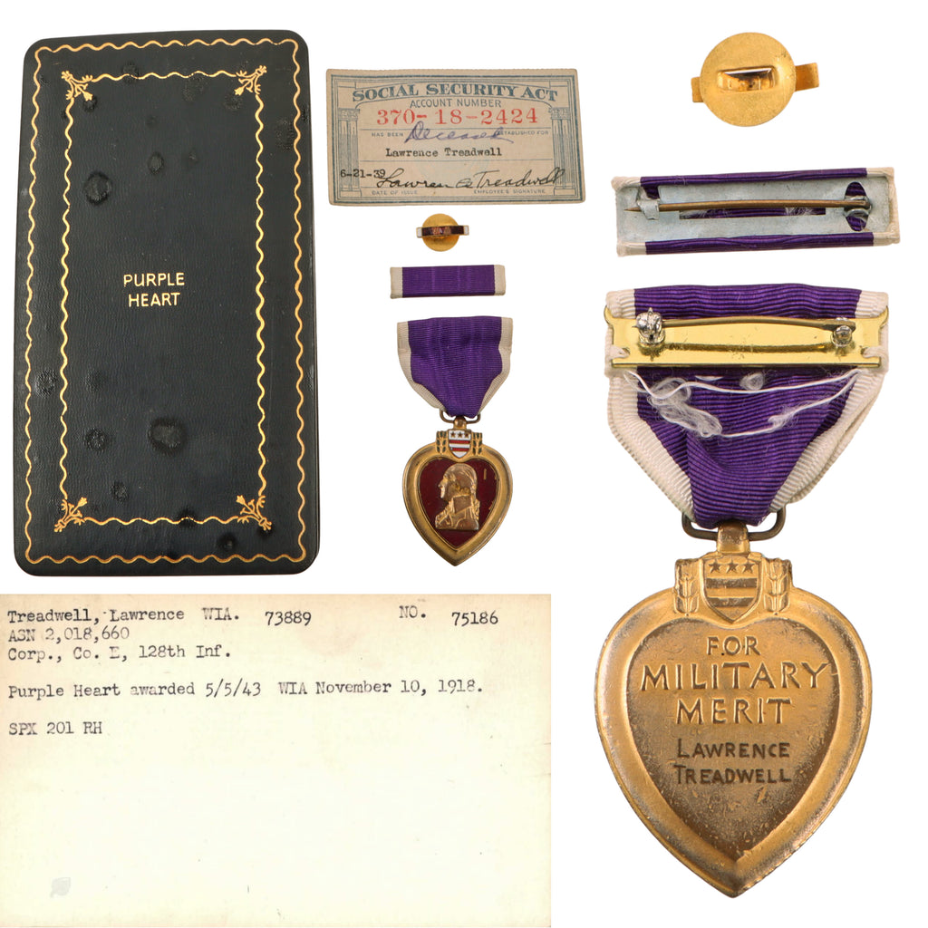 Original U.S. WWI 32nd Division 128th Infantry Purple Heart Medal Awarded in 1943 with Social Security Card & Research Paperwork in Original Presentation Case - Lawrence Treadwell
