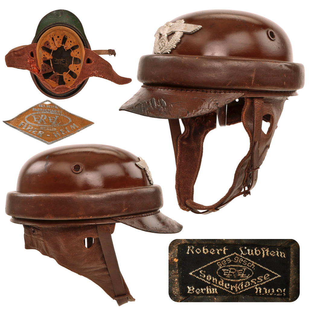 Original German WWII Rural Police Brown Leather Motorcycle Crash Helmet by EREL, Size 56 Original Items