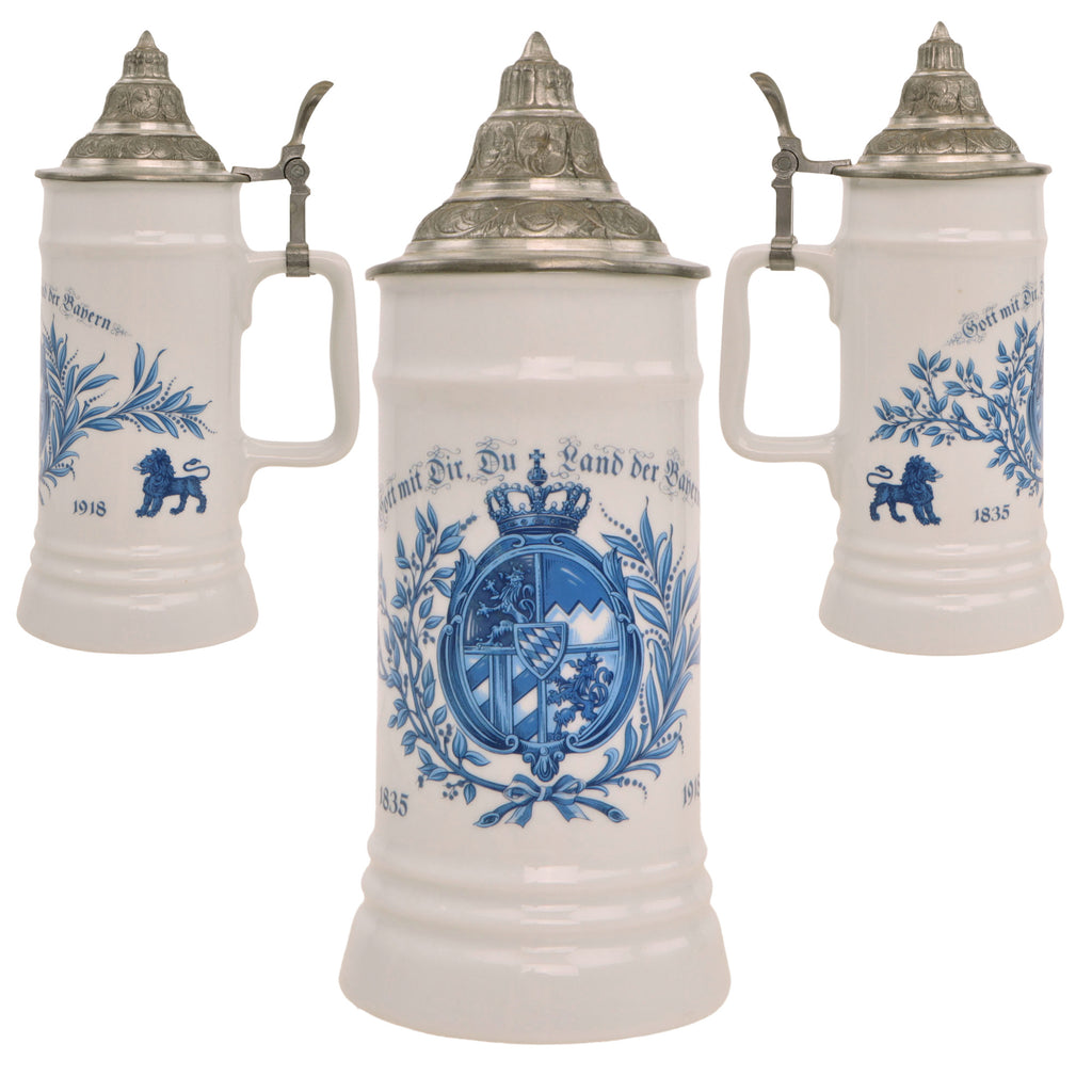 Original German Bavarian Kingdom 1835–1918 Commemorative Lidded Beer Stein with Royal Coat of Arms & “Gott mit Dir” Inscription