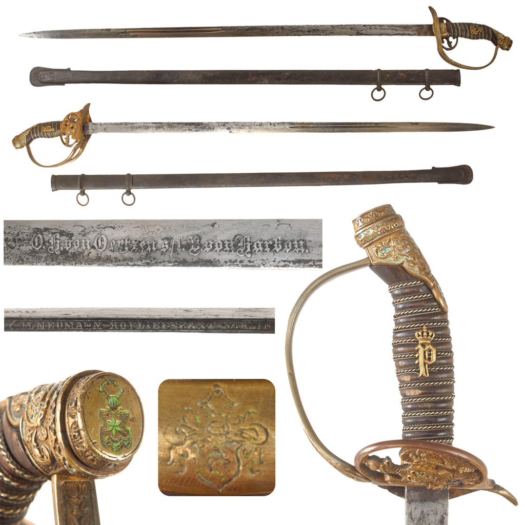 Original Imperial German Pre-WWI Presentation Damascus Steel Model 1889 Prussian Infantry Officer Sword with Scabbard by M. Neumann Hoflieferant of Berlin - von Oertzen to von Harbou