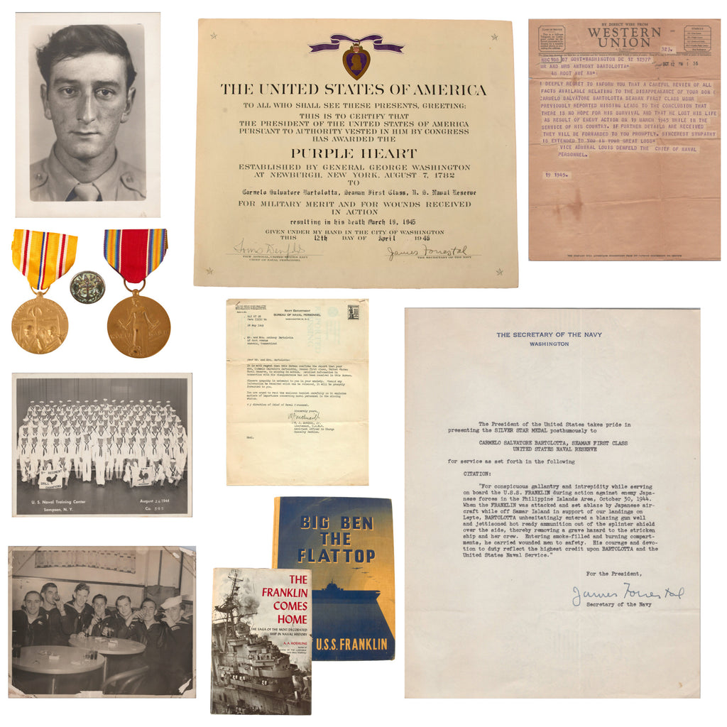 Original U.S. WWII Navy USS Franklin KIA Purple Heart & Silver Star Recipient Charles Bartolotta Certificate & Ephemera Grouping with Books & Brother’s Paperwork Original Items
