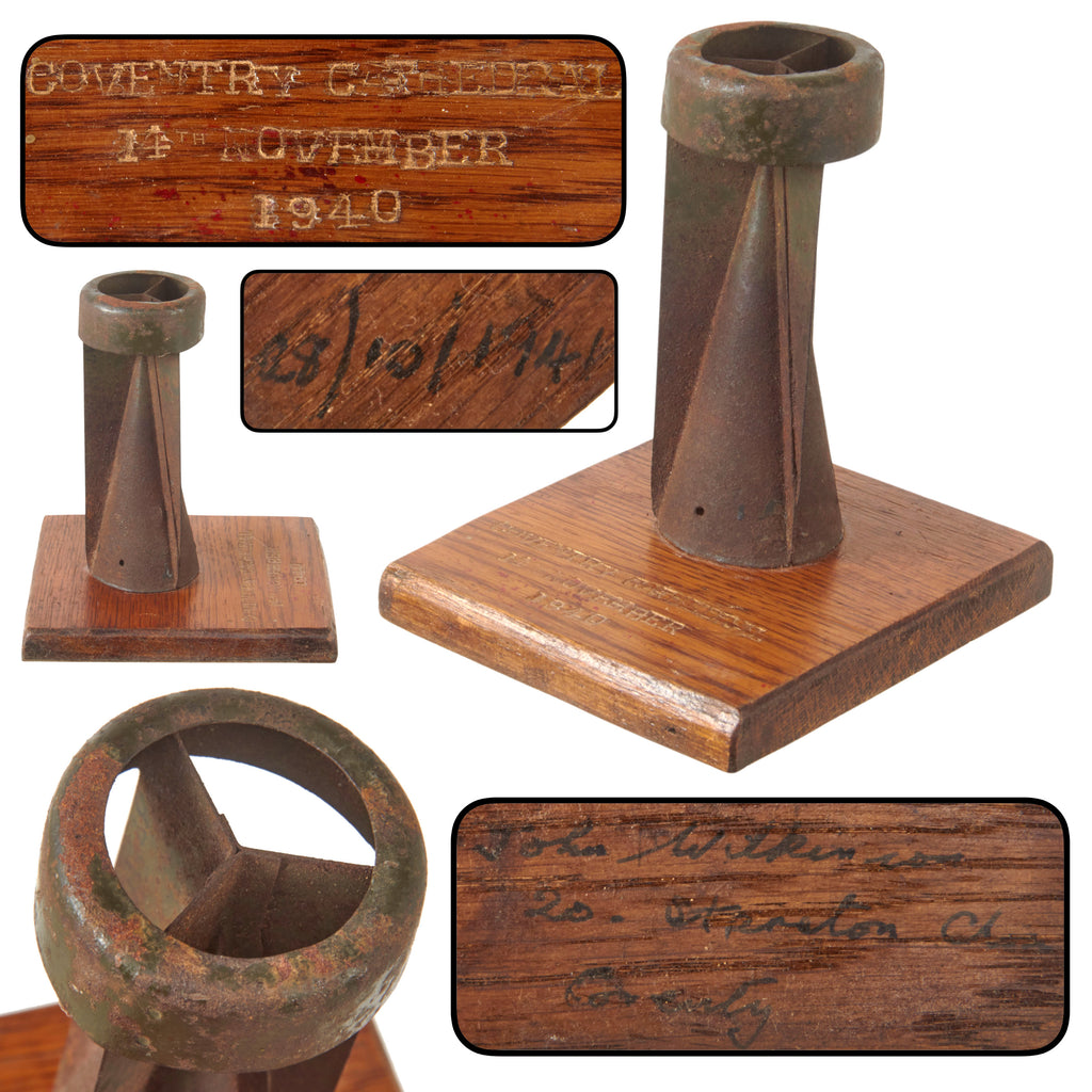 Original British WWII Coventry Blitz German Luftwaffe 1kg Incendiary Fritz Fire Bomb Tail Section on Wooden Base Found at Coventry Cathedral with Written Provenance