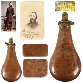 Original British U.S. Civil War Engraved Brass Powder Flask by Dixon of Sheffield Presented to Chief Surgeon Edward Forman Taylor of 1st & 3rd New Jersey Infantry Regiments