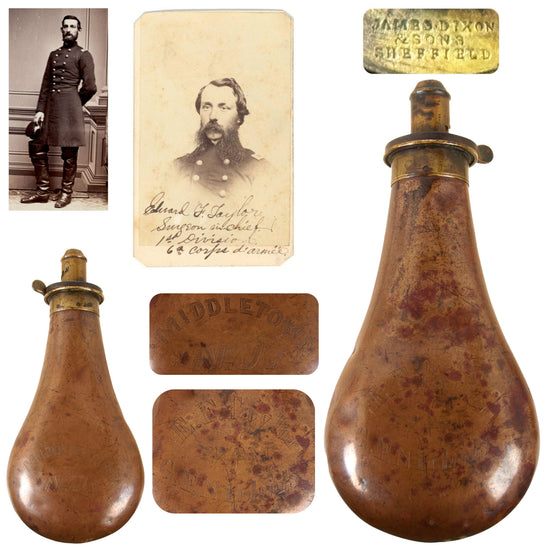 Original British U.S. Civil War Engraved Brass Powder Flask by Dixon of Sheffield Presented to Chief Surgeon Edward Forman Taylor of 1st & 3rd New Jersey Infantry Regiments